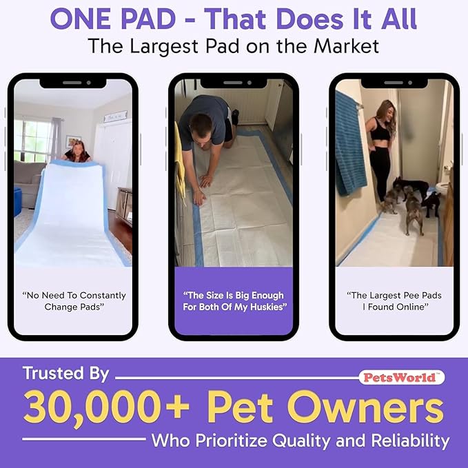 PETSWORLD Mega-Sized Dog Pee Pads (40" x 99") – 4XL Gigantic Pet Piddle Pads for Puppy Training, Incontinence – with Adhesive Sticky Tape – Leak Proof, 5-Layer Protection (160 Count)