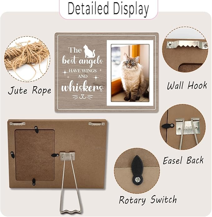 Cat Picture Frame, Cat Memorial Wooden Photo Frame, Pet Remembrance Gift, Sympathy Gift for Pet Owner, Cat Memorial Gifts for Loss of Cat, The Best Angels Have Wings and Whiskers (Gray, 4 x 6 Photo)
