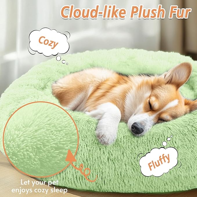 JOLLYVOGUE Medium Calming Dog Bed, Anti-Anxiety Donut Cuddler Cat Bed with Anti-Slip Bottom, Fluffy Faux Fur Machine Washable Pet Cushion for Medium Large Dog & Cat (31")