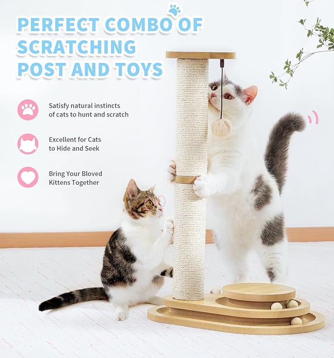 Made4Pets Cat Scratching Post Cat Scratcher Kitten Toys for Indoor Cats Wooden Ball Track Two-Layer Modern Sisal 23.4" Tall Scratch Post Interactive Toy with Dangling Ball Middle Size
