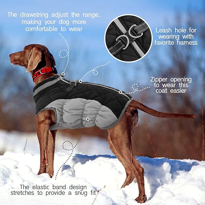 FUAMEY Dog Coat for Large Dogs,Waterproof Dog Winter Jacket with Harness Built in Puppy Cold Weather Coats Reflective Pet Vest with Zipper Warm Fleece Dogs Snowsuit Windproof Black XXL