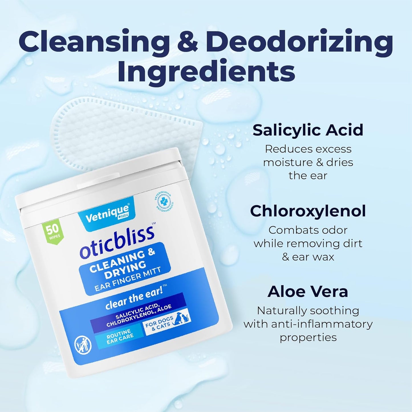 Vetnique Oticbliss Ear Finger Wipes for Dogs & Cats Dual-Sided Cleaning Dog Ear Wipes for Odor Control, Dirt & Wax Removal with Soothing Aloe, Salicylic Acid & Aloe Vera, 50ct