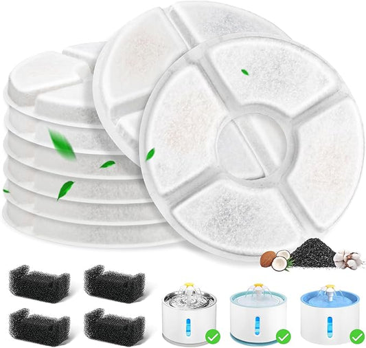 12 Pack Cat Water Fountain Filter, 8 Pcs Cat Fountain Filters Replacement & 4 Pcs Pre-Filter Sponges for 81oz / 2.4L Round Automatic Pet Water Fountain Dog Dispenser, 3-Filtration System