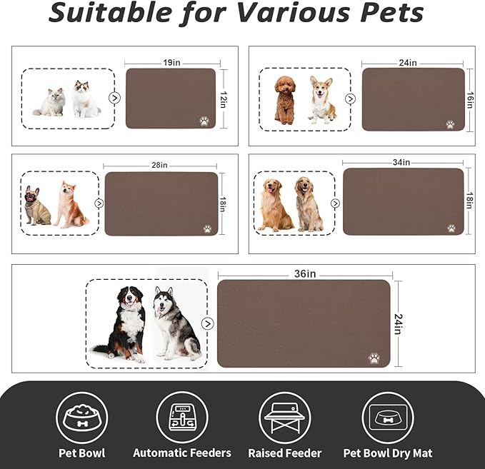 Pet Feeding Mat - Absorbent Dog Mat for Food and Water, No Stains Cat Bowl Mat, Easy to Clean Pet Placemats, Quick Dry Dog Water Dispenser Mat for Messy Drinkers | Paw Brown 16"x 24"