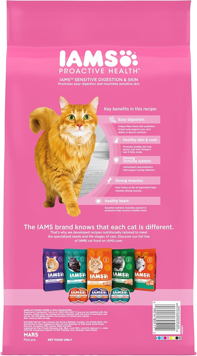 IAMS Proactive Health Adult Sensitive Digestion & Skin Dry Cat Food with Turkey, 6 lb. Bag