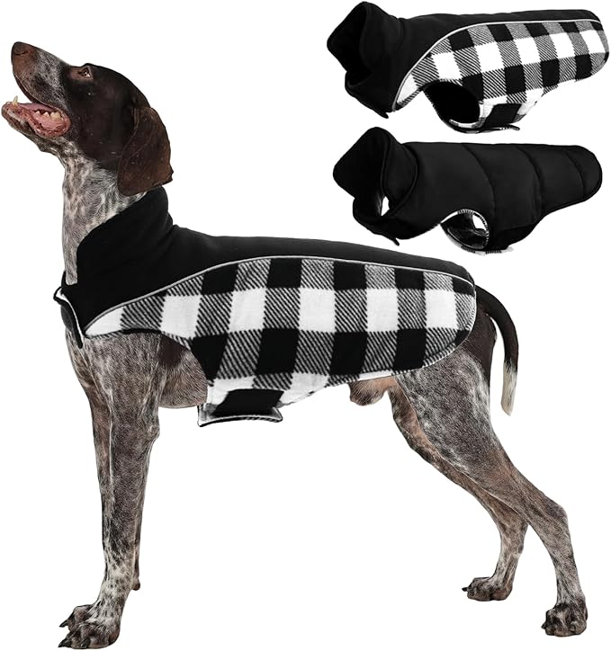 Kuoser Dog Winter Coat, Reversible Waterproof Dog Jacket with Reflective Strip, Warm Dogs Fleece Vest Adjustable Doggy Cold Weather Clothes Plaid Christmas Outfit Pet Apparel for Medium Dogs, Black M