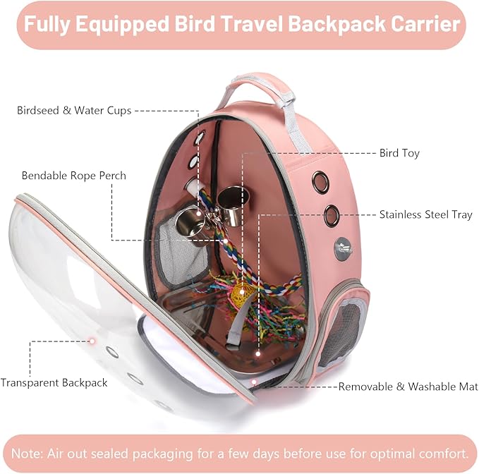 Bird Backpack Carrier, Travel Bird Cage for Small Medium Size Parrot Parakeet Budgies Cockatiel, Portable Clear Bubble Window Bag with Stainless Steel Tray Food Bolw Standing Perch (Pink)