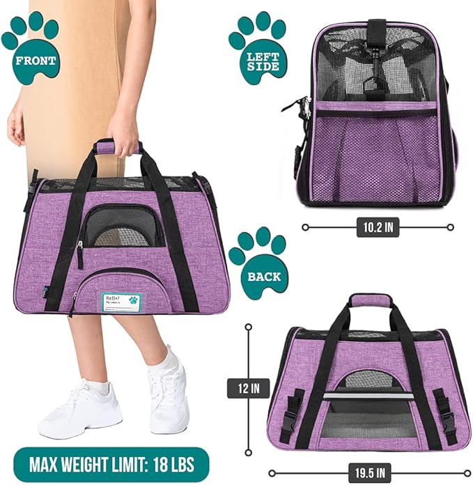 PetAmi Airline Approved Pet Carrier for Cat, Soft Sided Dog Carrier for Small Dog, Cat Travel Supplies Accessories for Indoor Cat, Ventilated Pet Carrying Bag Medium Kitten Puppy, Large Heather Purple