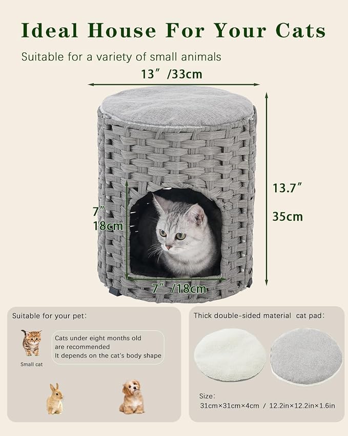 Cat House for Indoor Cat, Small Cat Houses Handwoven PE Rattan Kitten Cave, Pet Kitten Bed Covered, One Bed Pad, 13 x 13 x 13.7 Inches, Foldable Hideaway in Living Room Gray