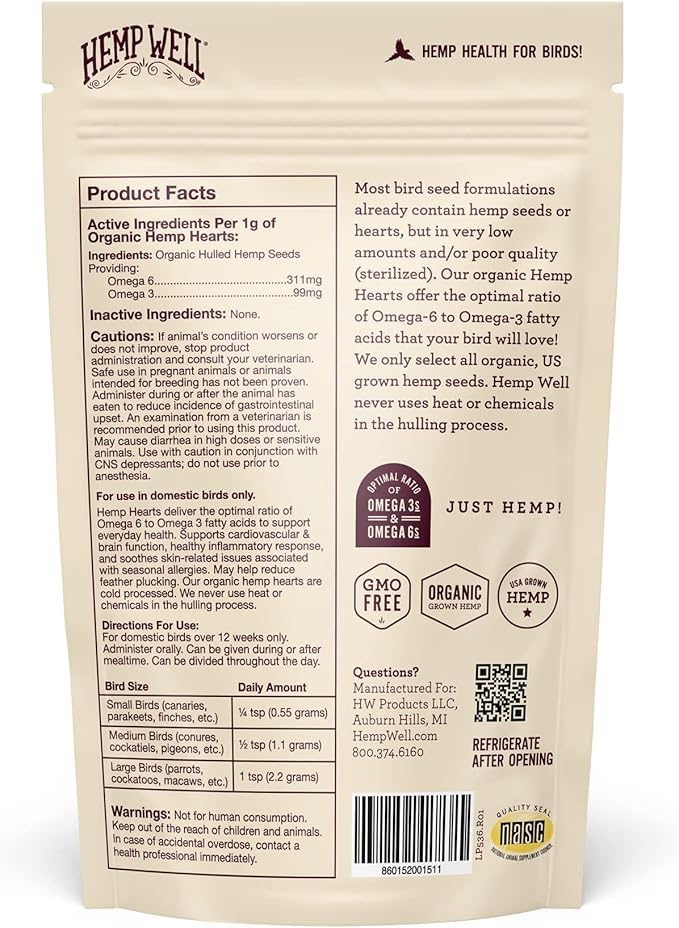 Hemp Well Organic Hemp Hearts for Birds - Reduces Feather Plucking, Promotes Relaxation, Immune Support, Organic, USA Grown, GMO Free – 8 Ounces