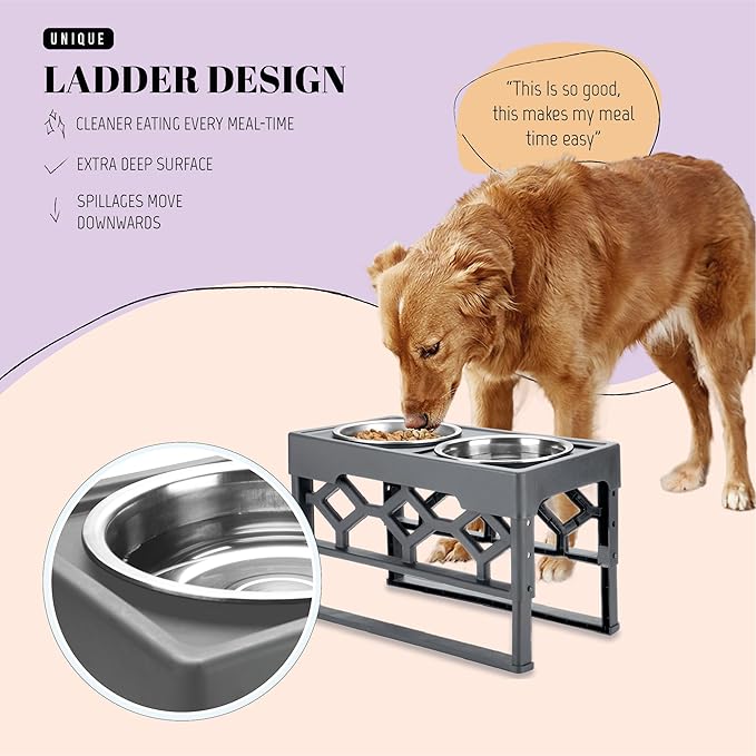 AVERYDAY Large Dog Bowls Elevated, 4 Height Adjustable Raised Dog Bowl Stand with 2 Stainless Steel Food and Water Bowls Set, Tall Dogs Feeding Station with Anti-Slip Base for Medium Large Breeds Dogs
