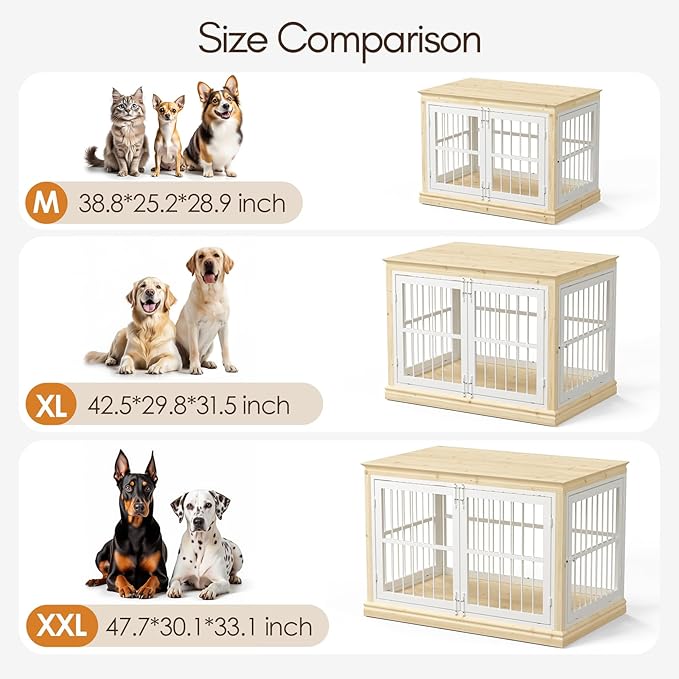 38 in Solid Wood Dog Crate Furniture for Dogs-Large Dog Crate Sideboard and TV Stand, Small, Wood Dog Kennel-(White+Natural)