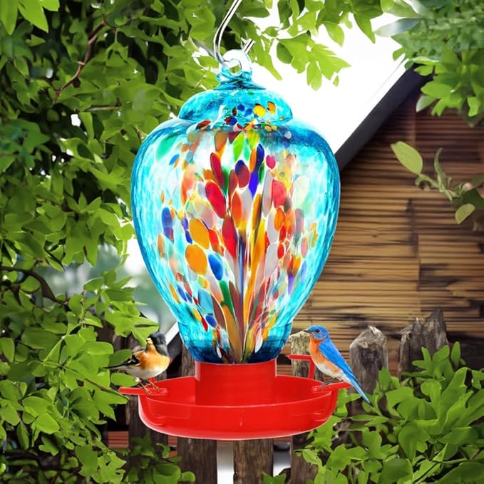 Colorful Glass Wild Bird Waterer 32 Oz Bird Water Feeder for Outdoors Garden Outside Water Cooler Tree Yard Decoration (Blue-fire)