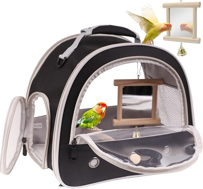 Parrot Travel Cage Carrier with Bird Cage Bells Mirror Set,Portable Small Bird Parakeet Bag with Standing Perch and Comfy Mat Bird Carry Transport Bag with Clear Window Outdoor Adventure