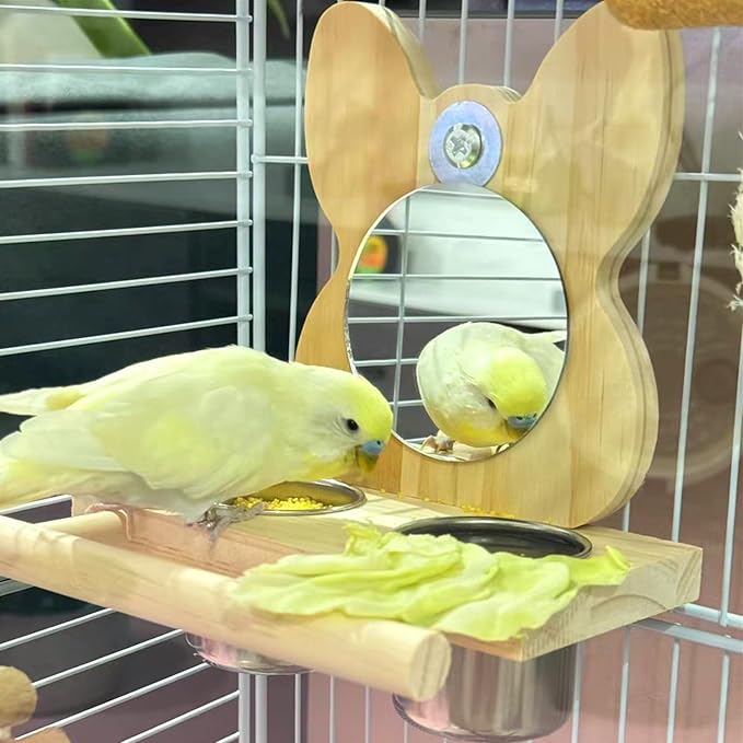Bird Mirror Parrot Perch with Mirror and Stainless Steel Feeding Cups for Parakeets Cage Swing Wooden Mirror Fun Play Toy for Birds Lovebird Conures Cockatiels
