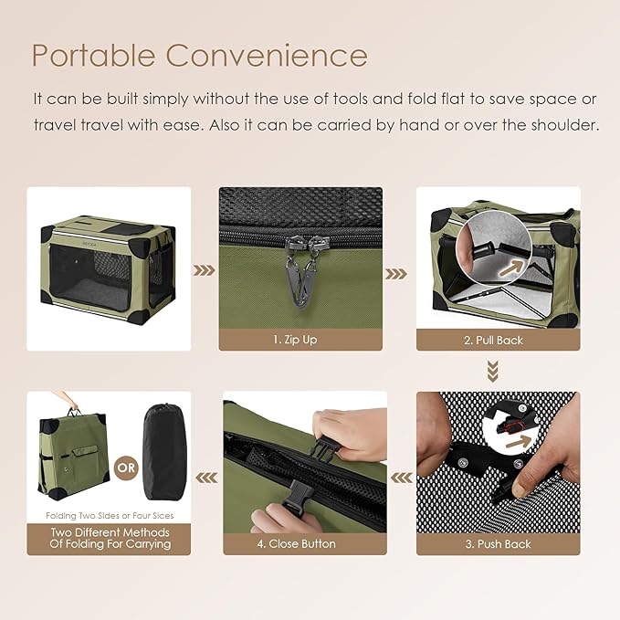 EHEYCIGA Collapsible Dog Crate 42 Inches, Portable Travel Crate for Extra Large Dogs, Soft Foldable Pet Kennel with 4-Door Mesh Windows Indoor & Outdoor, Green