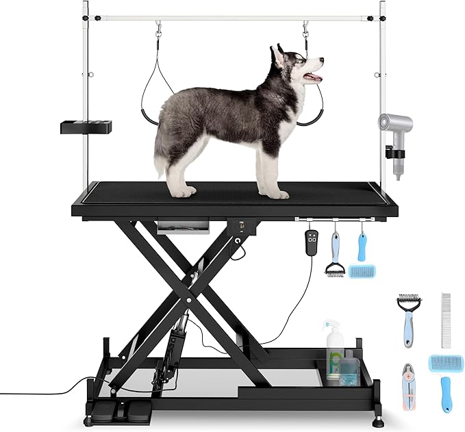 Upgrade Electric Pet Grooming Table Super Deluxe 50'' Heavy Duty Professional for Large Dogs with Overhead Arm, Anti-Skid Rubber Desktop Powerful Motor and Adjustable Height, Black