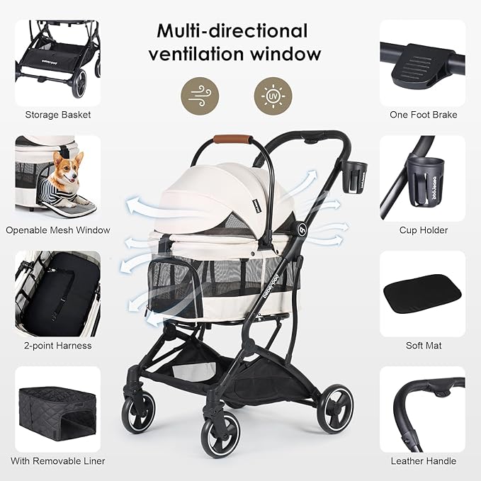 T3 Foldable Pet Stroller for Small Dogs & Cats – 3-in-1 Lightweight Design, 180° Canopy & Detachable Carrier (Beige)