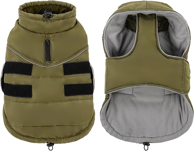 Peferhouse Warm Winter Coat for Large Dogs, Cold Weather Windproof Reflective Jacket With Harness Hole, Thick Vest ArmyGreen L