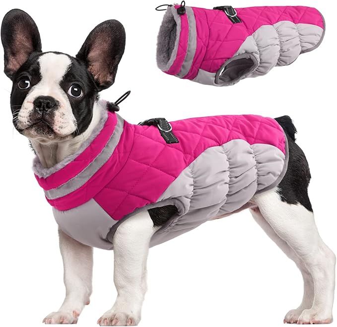 FUAMEY Dog Coat for Small Dogs,Waterproof Dog Winter Jacket with Harness Built in Puppy Cold Weather Coats Reflective Pet Vest with Zipper Warm Fleece Dogs Snowsuit Windproof Pink XS