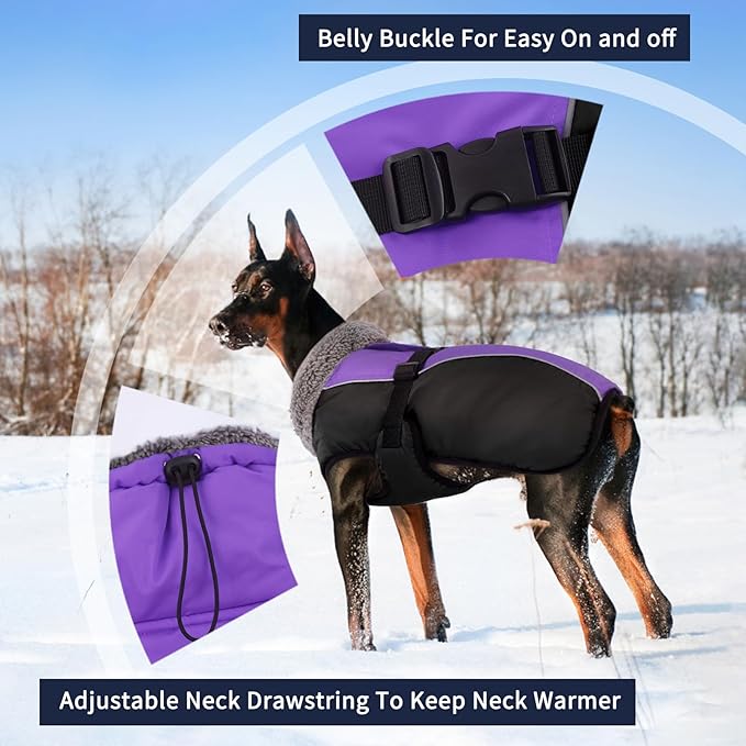 IECOii Extra Warm Dog Coat - Reflective, Adjustable Jacket with Buckle & Fleece Turtleneck for Small to Extra Large Dogs in Cold Weather