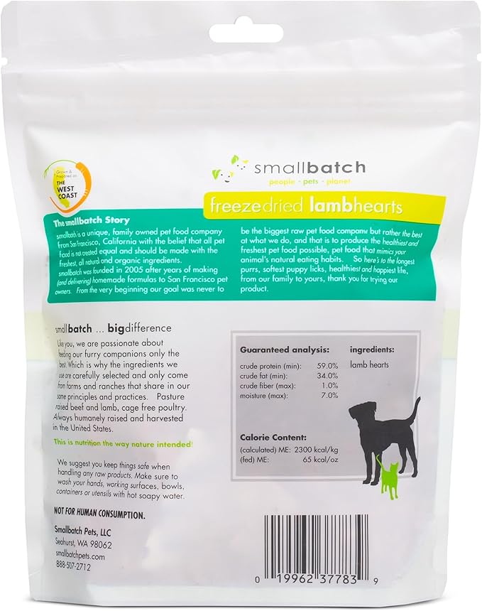 smallbatch Pets Premium Freeze-Dried Lamb Heart Treats for Dogs and Cats, 3.5 oz, Made and Sourced in The USA, Single Ingredient, Humanely Raise Meat, No Preservatives or Anything Artificial Ever