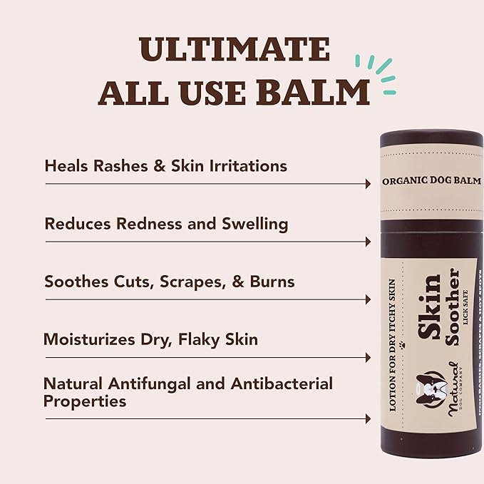 Natural Dog Company Skin Soother Balm for Dogs – 2oz Stick, All Natural Hot Spot & Rash Relief – Organic Itchy Skin Soothing Moisturizer for Dry, Red, Crusty Skin – Lick-Safe Dog Balm, Made in USA
