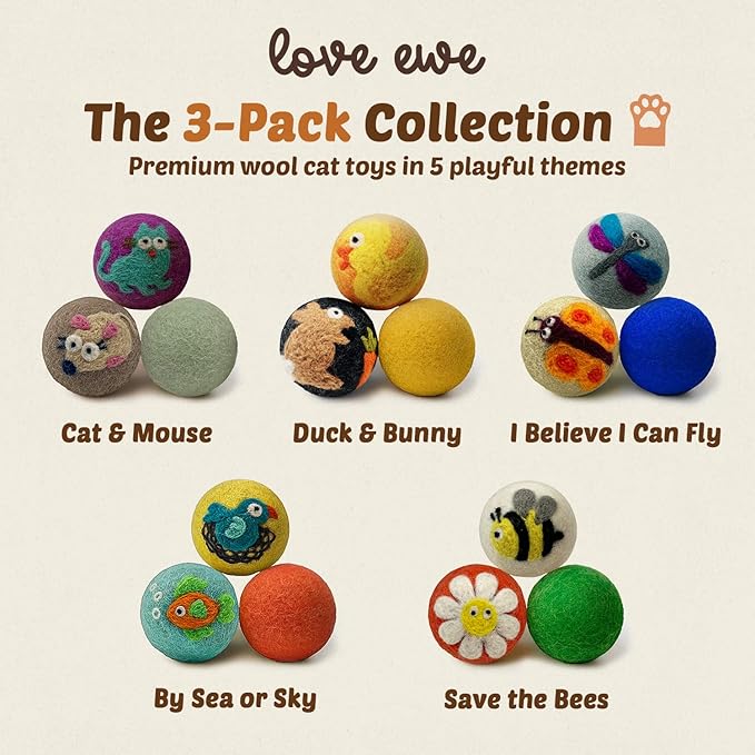 Wool Felt Balls 3 Pack Love Ewe Pet Supplies - 2 in Felted Wool Cat Toys 100% New Zealand Wools Felt Cat Toys Handmade Wools Felts Balls - Cats Felts Ball, Colorful Ball for Cats - Fish and Bird