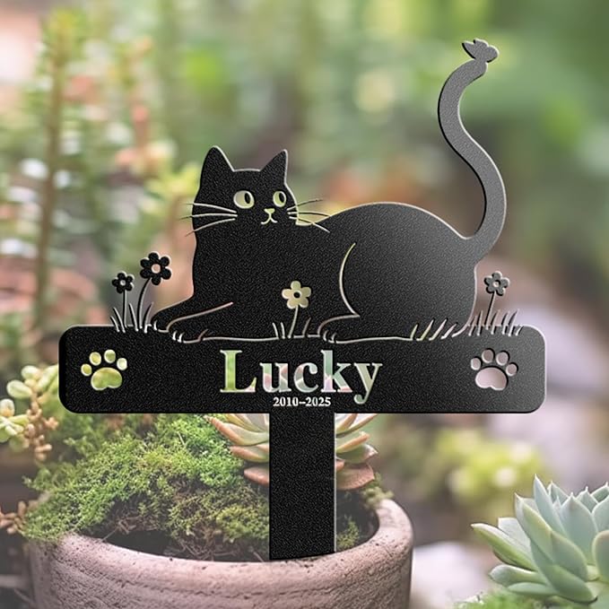 Custom Cat Grave Marker Cat Burial Stake, Personalized Butterfly Flowers Cat Memorial Garden Stake, Metal Cat Memorial Plaque for Outdoors, Customized Pet Headstone