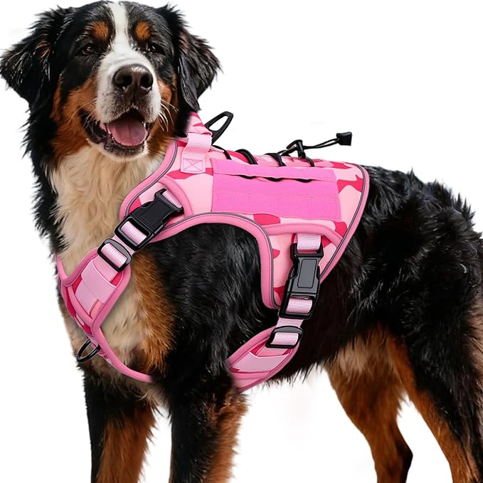 Heavy-Duty Tactical Dog Harness for Large Dogs, No Pull Adjustable Reflective Pet Vest with Molle System, K9 Military-Grade Control for Service Training, Outdoor & 10+ Breeds, Pink Camo, XX-Large