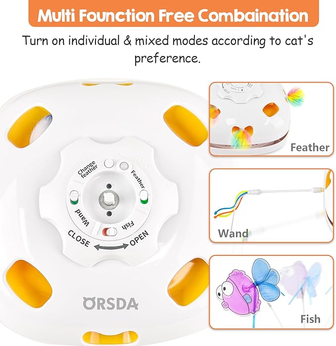 ORSDA Cat Toys for Indoor Cats, 5 in 1 Interactive Automatic Kitten Toys Rechargeable Electric Hide and Seek, Moving Feather, Whack-A-Mole, Spin Flying Teaser Wand Exercise Kicker, Gifts for Cat