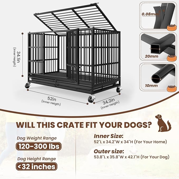 LEVELEVE 54 Inch Heavy Duty Indestructible Dog Crates for Large Dogs，Escape Proof Dog Cage Large Dogs with Lockable Wheels，Dog Kennel Furniture Indoor&Outside