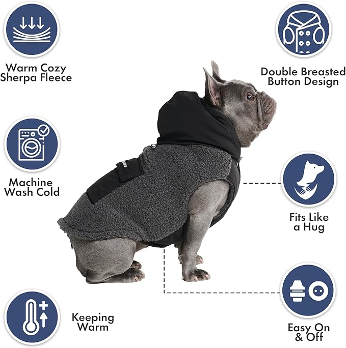 Spark Paws Reversible Dog Sweater, Sherpa Jacket Vest with Warm Fleece Lining, Warm Coat for Winter, Suitable for Small Medium, Large, XL XXL Dogs - Black and Grey - L