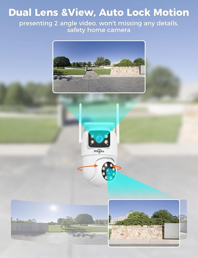 Hiseeu 2Pack Wireless Security Camera 5G/2.4G WiFi Camera Dual Lens PTZ Camera Outdoor Motion Tracking Color Night Version,No-Monthly Fees Works with Wireless Camera System/Alexa, Power Cord