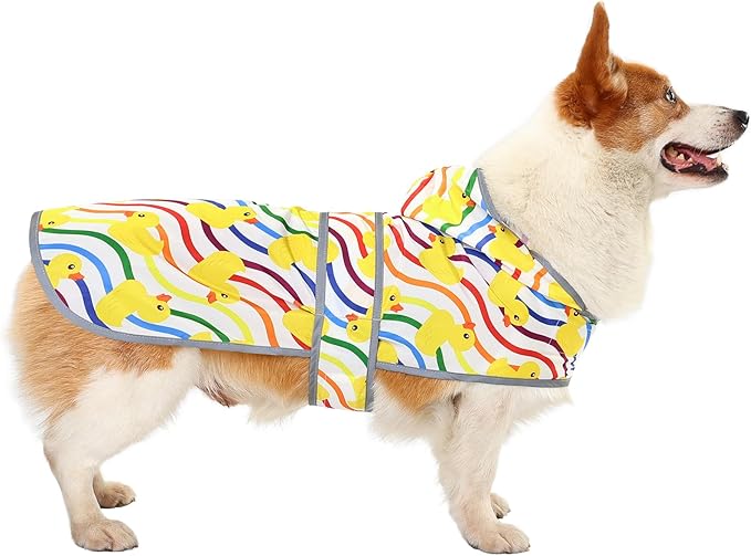 Dog Raincoat for Large Dogs, Waterproof Rain Jacket Coat with Hood and Leash Hole, Polyester, Rainbow Ducks