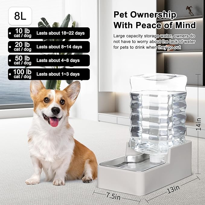 RIZZARI Stainless Steel Pet Water Feeder: 8L Automatic Leak-Proof Gravity Dispenser for Cats Dogs Indoor Outdoor Use（Beige Without Filter,8L）