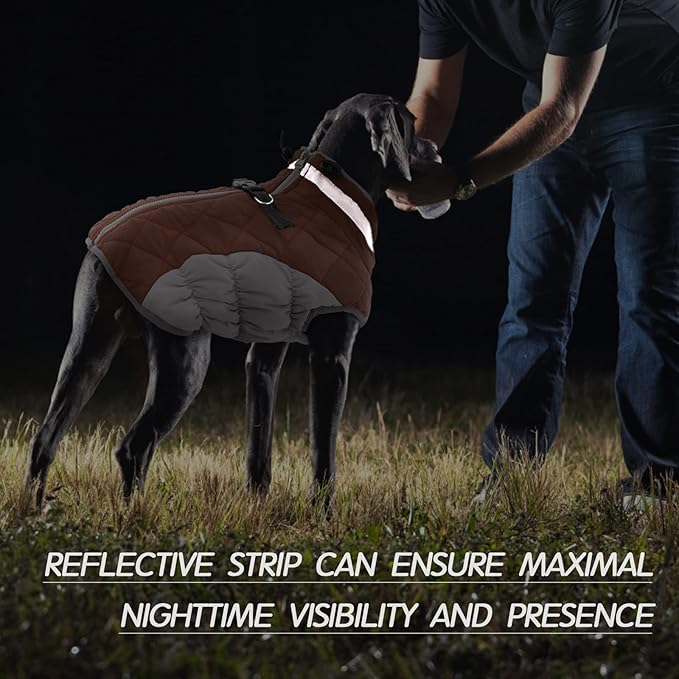 FUAMEY Dog Coat for Large Dogs,Waterproof Dog Winter Jacket with Harness Built in Puppy Cold Weather Coats Reflective Pet Vest with Zipper Warm Fleece Dogs Snowsuit Windproof Brown XXXL