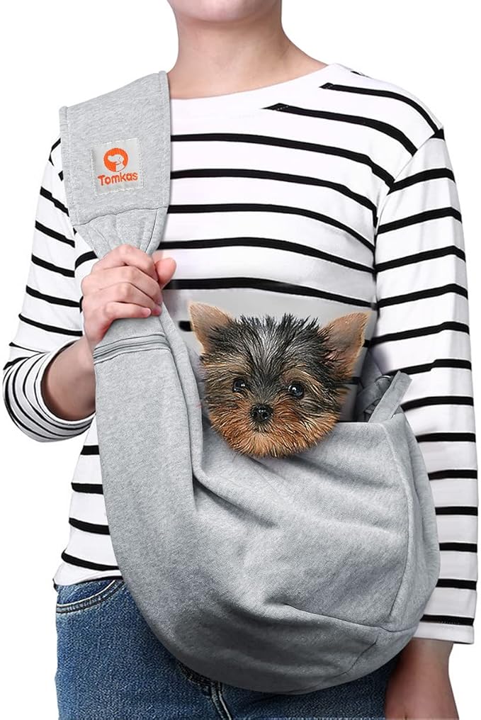 Tomkas Small Dog Sling Carrier - Zipper Pocket & Classic Strap - for 3-10 lbs Pets(Grey)