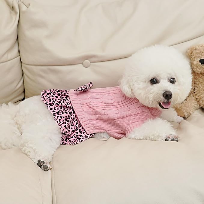 WOYYHO Girl Dog Sweater Dress with Bowtie Turtleneck Small Dogs Sweater with Leash Hole, Knitted Small Dog Sweaters Dress Puppy Winter Clothes for Yorkies Chihuahua (Medium, Pink Leopard)