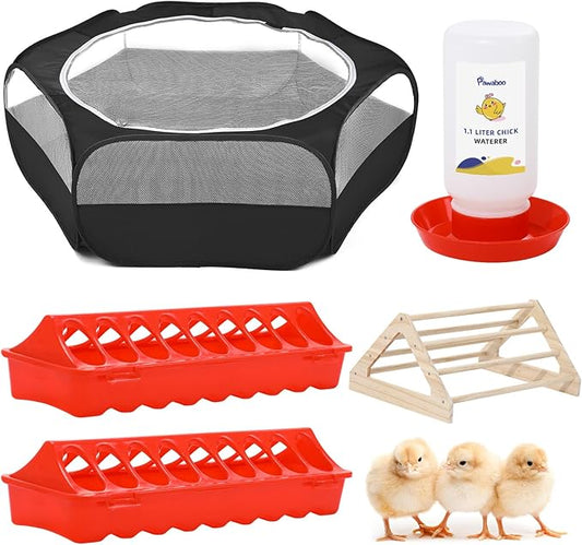 Pawaboo 5-in-1 Chicken Brooder Box for Chick Starter Kit, Includes Pet Cage Tent, Chicks Perch, Chicks Feeder, 1.1L Chick Waterer, Baby Chicken Supplies (Brooder Set), Black