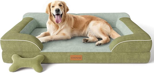 Extra Large Dog Bed, Orthopedic Dog Bed with Cooling Gel Memory Foam, Waterproof XL Pet Bed with Removable Washable Cover, 42" Pet Sofa Couch Dutch Velvet with Bone Toy, Dark Green
