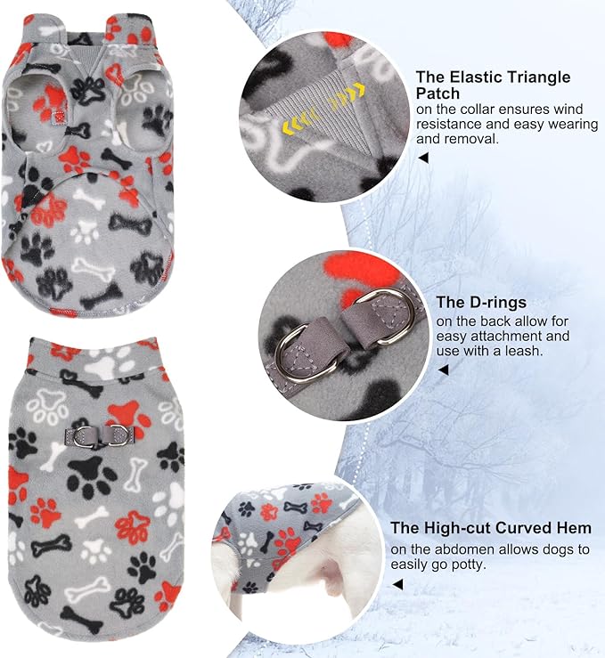 BEAUTYZOO Small Dog Sweater Fleece Vest Winter Jacket, D-Ring Leash Attachment for XS S Puppy Medium Sized Breeds Dogs, Cold Weather Dog Clothes Windproof Keep Warm, Grey Bones Paw XS