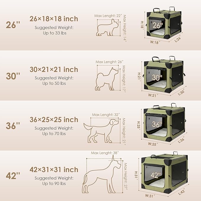 EHEYCIGA Collapsible Dog Crate 26 Inches, Portable Travel Crate for Small Dogs, Soft Foldable Pet Kennel with 4-Door Mesh Windows Indoor & Outdoor, Green