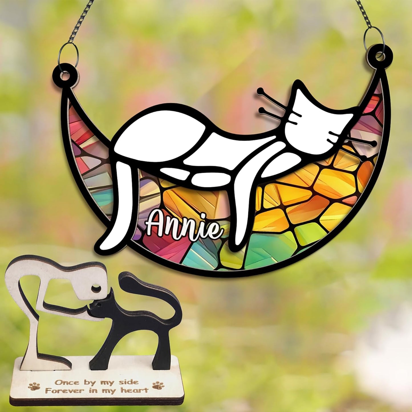 Cat Memorial Suncatcher, Personalized Name Pet Sleeping on Moon Ornament Window Car Hanging, Sympathy Gift for Loss of Pet Passed Away Keepsake, Remembrance Gifts for Cat Lovers