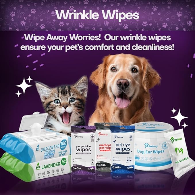 Wrinkle Wipes for Dogs 50 Count | 3X Larger Dog Face Wipes for French Bulldog and Pug - Cleanse Skin Folds, Tear Stains, Tail Pockets | Anti-Itch, Soothing, & Hypoallergenic with Coconut Oil