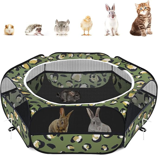 Pawaboo Small Animals Playpen, Waterproof Small Pet Cage Tent with Zippered Cover, Portable Outdoor Yard Fence with 3 Metal Rod for Chick/Kitten/Puppy/Guinea Pig/Rabbits/Hamster, Leopard Print
