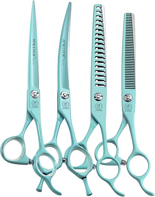 Fenice Peak 7" Professional Dog Grooming Scissors Set, Japanese 440C Stainless Steel Straight Thinning Curved Chunker Shears for Pet Grooming, Trimming Face, Paws, Green