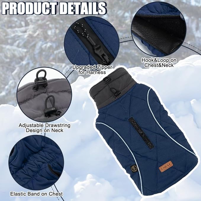 EMUST Winter Coat for Large Dogs, Windproof Dog Jacket for Cold Weather, Extra Warm Dog Winter Clothes for Small Medium Large Dogs, Dark Blue, XXL