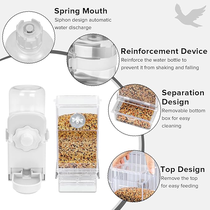 No Mess Bird Feeder Water Dispenser Set, Parakeet Cage Accessories, Bird Feeder and Waterers in Cage for Cockatiels, Finches, Lovebirds, Budgies, Canaries