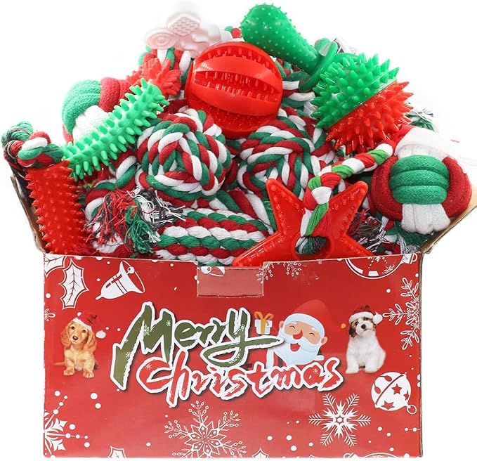 Beiker Christmas Dog Toys Bulk 15 Pack, Puppy Chew Toys for Teething Small Medium Puppies, Holiday Christmas Themed Presents Gifts Box Including Variety Tough Rubber and Rope Toys